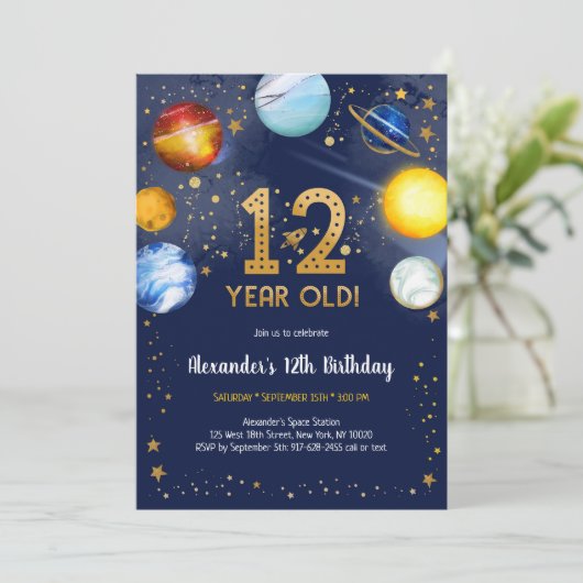 Astronaut Outer Space Planet Galaxy 12th Birthday 招待状 (スタンド正面)