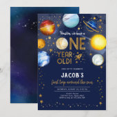 Astronaut Outer Space Planet Galaxy 1st Birthday 招待状 (正面/裏面)