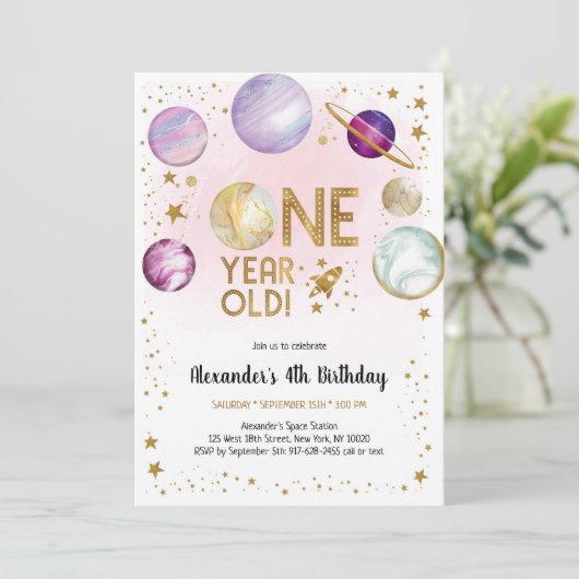Astronaut Outer Space Planet Galaxy 1st Birthday 招待状 (スタンド正面)