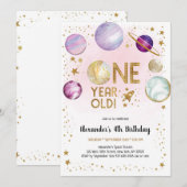 Astronaut Outer Space Planet Galaxy 1st Birthday 招待状 (正面/裏面)