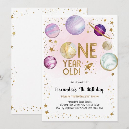 Astronaut Outer Space Planet Galaxy 1st Birthday 招待状 (正面/裏面)