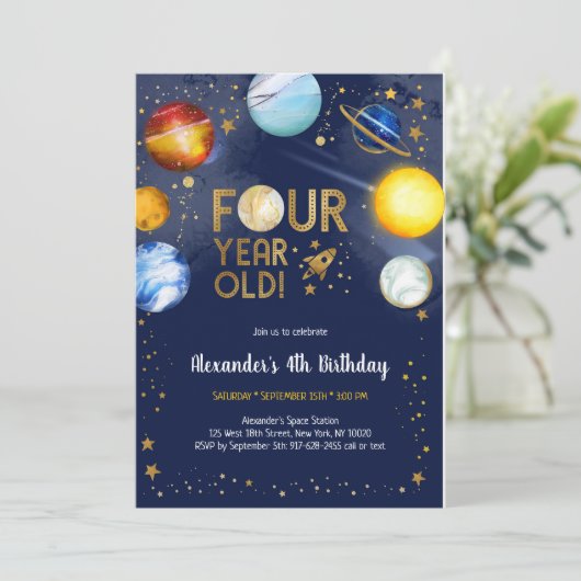Astronaut Outer Space Planet Galaxy 4th Birthday 招待状 (スタンド正面)