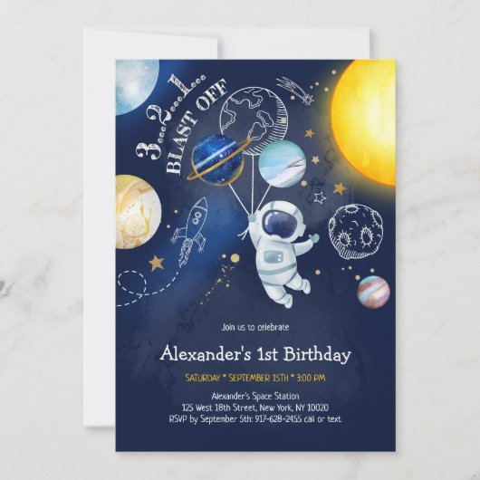 Astronaut Outer Space Planet Galaxy Birthday 招待状 (正面)
