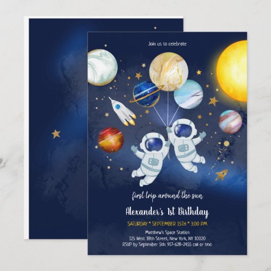 Astronaut Outer Space Planet Galaxy Birthday  招待状 (正面/裏面)