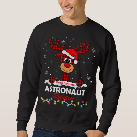 Astronaut Reindeer Santa Hat Buffalo Plaid Christm スウェットシャツ (正面)