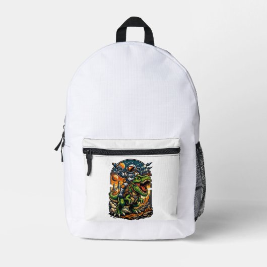 Astronaut Riding a T-Rex – Epic Space Dinosaur プリントバックパック (正面)