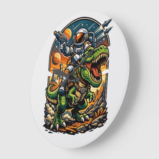 Astronaut Riding a T-Rex – Epic Space Dinosaur ラージ壁時計 (傾斜)