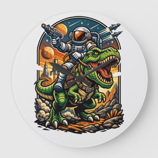 Astronaut Riding a T-Rex – Epic Space Dinosaur ラージ壁時計 (正面)