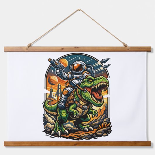 Astronaut Riding a T-Rex – Epic Space Dinosaur 吊り下げ型タペストリー (正面)