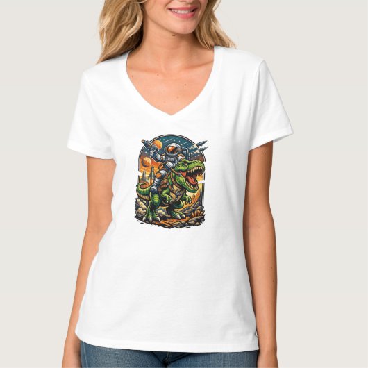 Astronaut Riding a T-Rex – Epic Space Dinosaur Tシャツ (正面)
