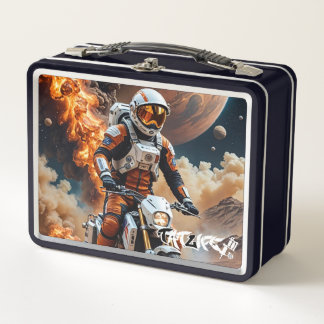 Astronaut Riding Motorcycle on Mars Metal Lunchbox メタルランチボックス
