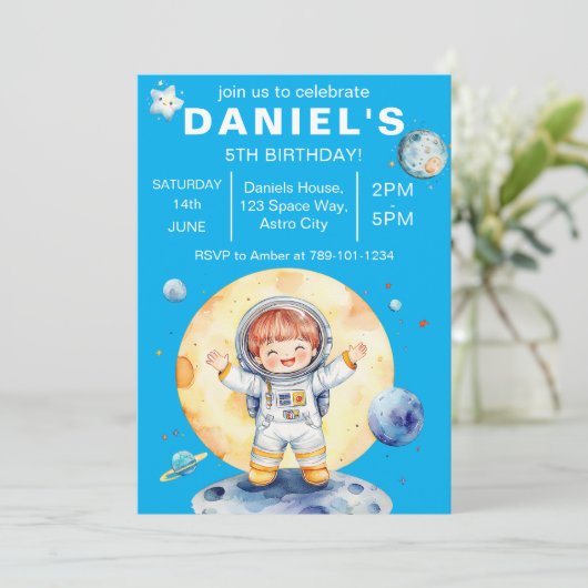 Astronaut Space-Themed Custom Birthday Party 招待状 (スタンド正面)