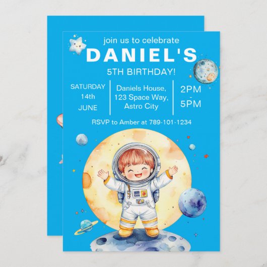 Astronaut Space-Themed Custom Birthday Party 招待状 (正面/裏面)
