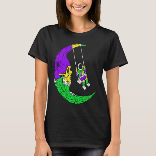 Astronaut Swinging On Moon Skull Mardi Gras Carniv Tシャツ (正面)