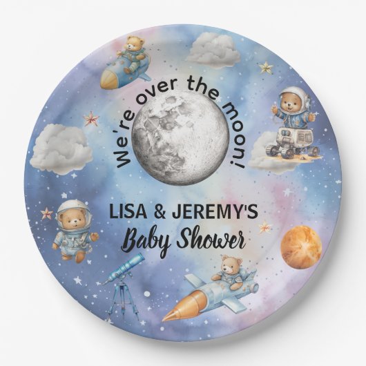 Astronaut Teddy Bears in Space Baby Shower ペーパープレート (正面)