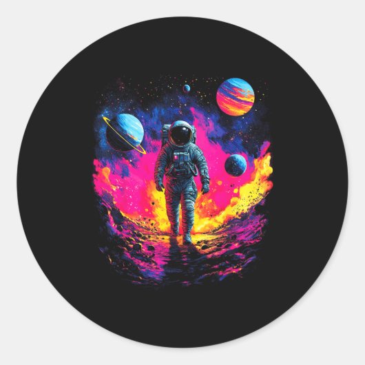 Astronaut Walking In Galaxy Outer Space Explorer S ラウンドシール (正面)