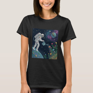 Astronaut Watering Flowers in Outer Space Tシャツ