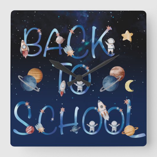 Astronauts Planets Space,back to school スクエア壁時計 (正面)