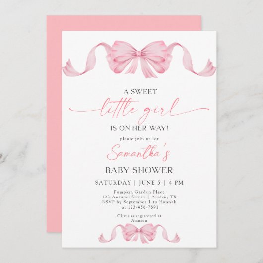 ASweet Little Girl Coquette Bow Border Baby Shower 招待状 (正面/裏面)