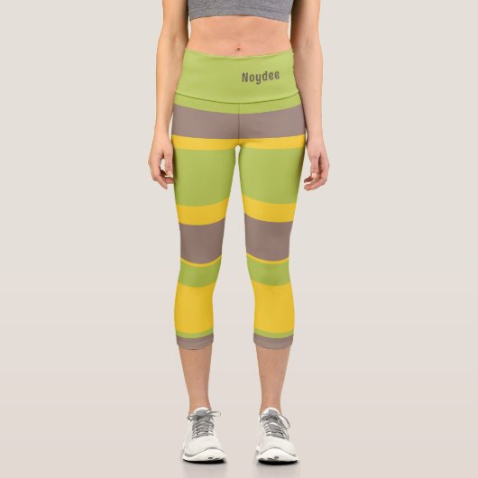 Asymmetric Stripes Lines Brown Yellow Green カプリレギンス (正面)
