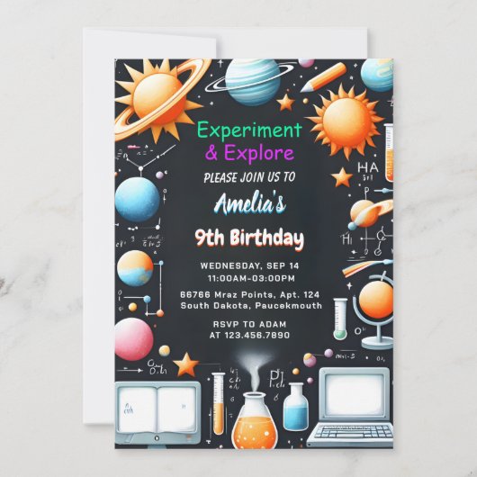 Atおもしろいラボキッズギークおたく不機嫌サイエンス9誕生日 招待状 (正面)