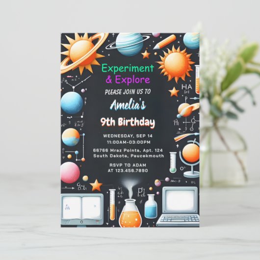 Atおもしろいラボキッズギークおたく不機嫌サイエンス9誕生日 招待状 (スタンド正面)
