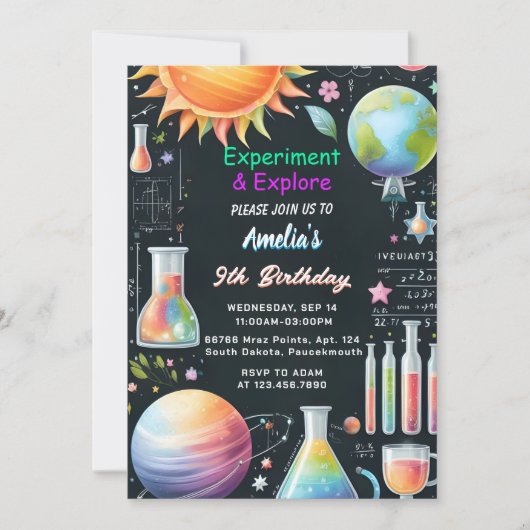 Atおもしろいラボキッズギークおたく不機嫌サイエンス9誕生日 招待状 (正面)