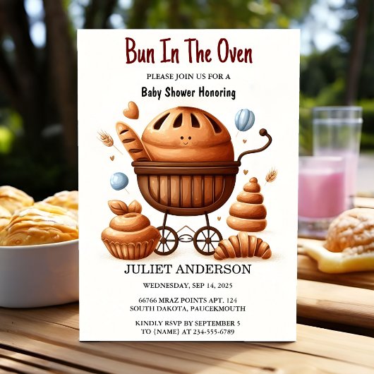 AtおもしろいレトロBoho Cake Bun In The Oven Baby Shower 招待状