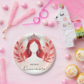 At Hot Pink Crown Tiara Black Lace Red Quinceanera ペーパープレート (パーティー)