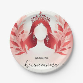 At Hot Pink Crown Tiara Black Lace Red Quinceanera ペーパープレート