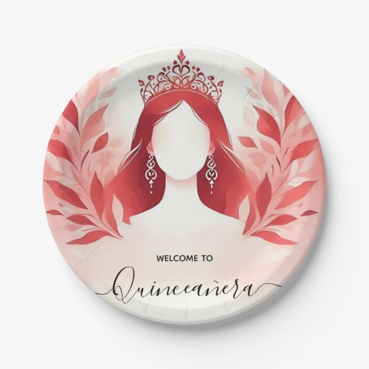At Hot Pink Crown Tiara Black Lace Red Quinceanera ペーパープレート (正面)