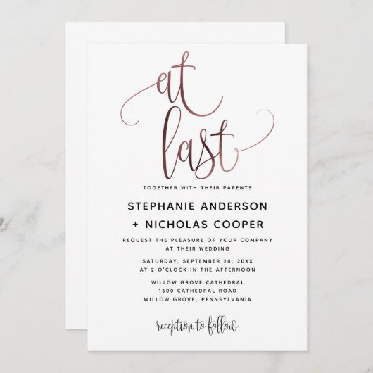 At Last Blackバラ金ゴールドスクリプトタイポグラフィ結婚 招待状 (正面/裏面)