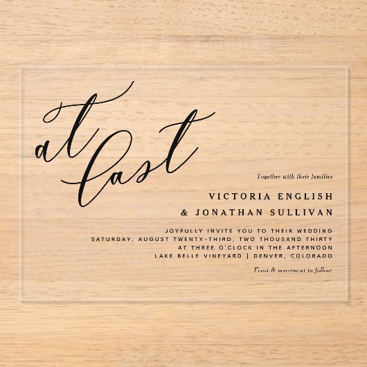 At Last Black Modern Calligraphy Wedding アクリル招待状 (正面)