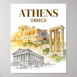 Athens Greece Acropolis Watercolor Sketch Travel ポスター
