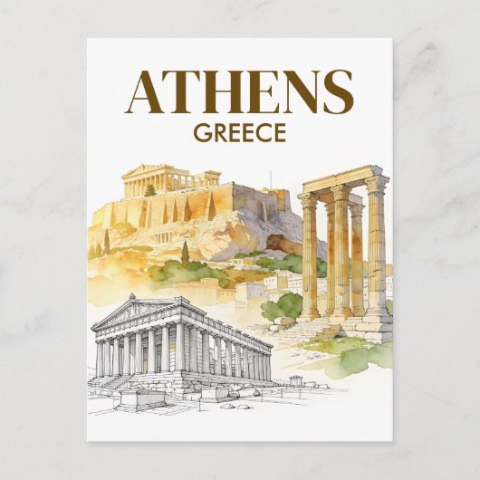 Athens Greece Acropolis Watercolor Sketch Travel ポストカード (正面)