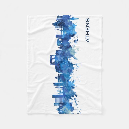Athens Greece Skyline Blue フリースブランケット (正面)