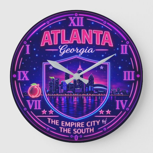 Atlanta Georgia Neon Skyline  ラージ壁時計 (正面)