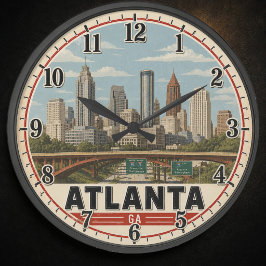 Atlanta Georgia Skyline Vintage Travel Poster ラージ壁時計