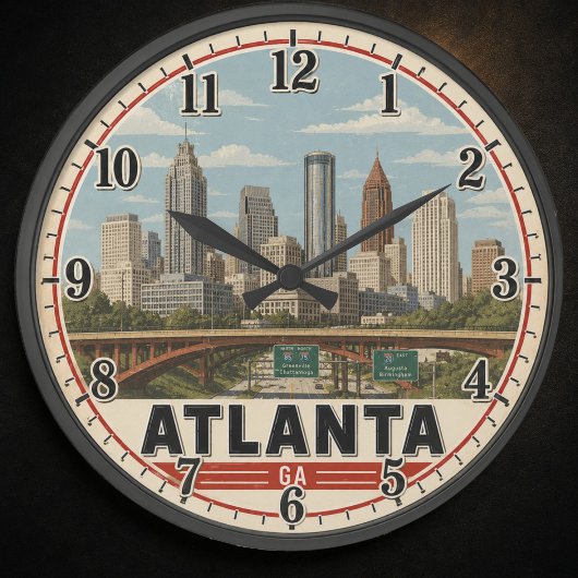 Atlanta Georgia Skyline Vintage Travel Poster ラージ壁時計