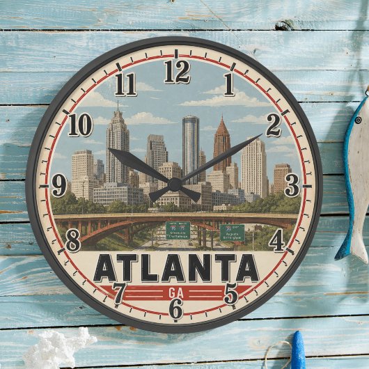 Atlanta Georgia Skyline Vintage Travel Poster ラージ壁時計