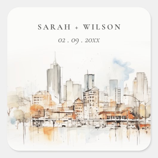 Atlanta Georgia Watercolor Landscape Wedding スクエアシール (正面)