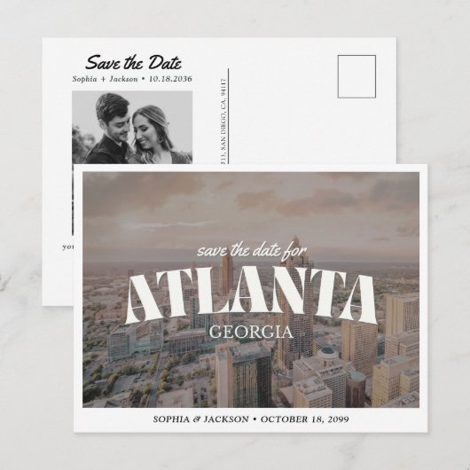 Atlanta Wedding Save the Date Downtown Retro ポストカード (正面/裏面)