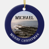 Atlantic海の写真Navy Blueに名前を追加 セラミックオーナメント (正面)