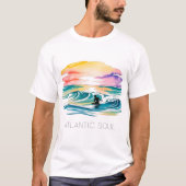 ATLANTIC SOUL サーファーの夕焼け ウォーターカラー 海の波 Tシャツ (正面)