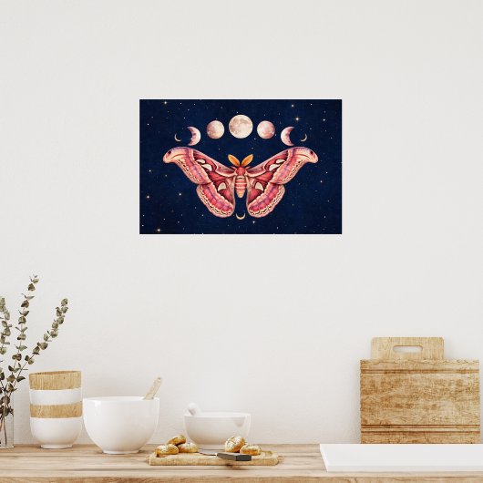 Atlas Moth Celestial Moon Phase | Boho Lunar Art ポスター (キッチン)