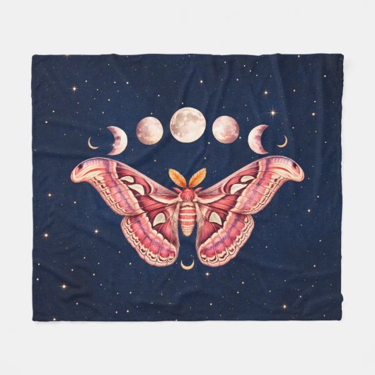 Atlas Moth Night Sky Cosmos Moon Phase | Boho Art フリースブランケット (正面(横))