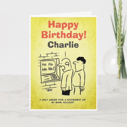 ATM現金自動預払機が顧客を笑う。銀行をテーマにしたイラスト カード (正面)