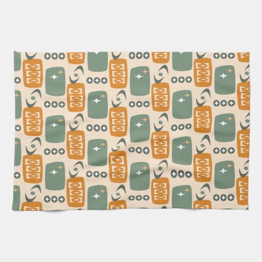 Atomic Age MCM Pattern in Green, Orange, Cream キッチンタオル (横)