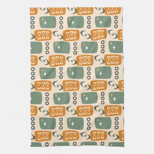 Atomic Age MCM Pattern in Green, Orange, Cream キッチンタオル (縦)