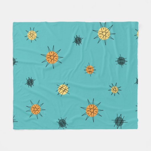 Atomic Age Starburst Planets Turquoise フリースブランケット (正面(横))